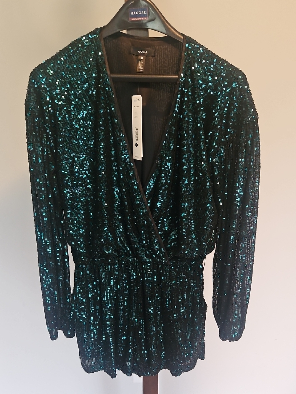 Aqua Womens Emerald Sequin Wrap Blouse/Dress Size M